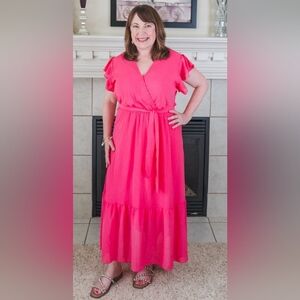 PrettyGarden Summer Floral Boho Rose Red Mixi Dress Size XXL